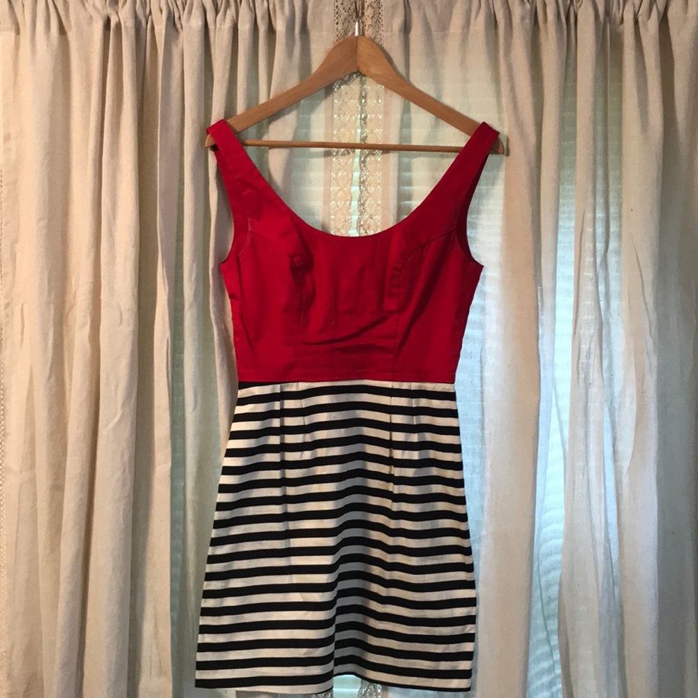 Black, red, and white stripped dress.